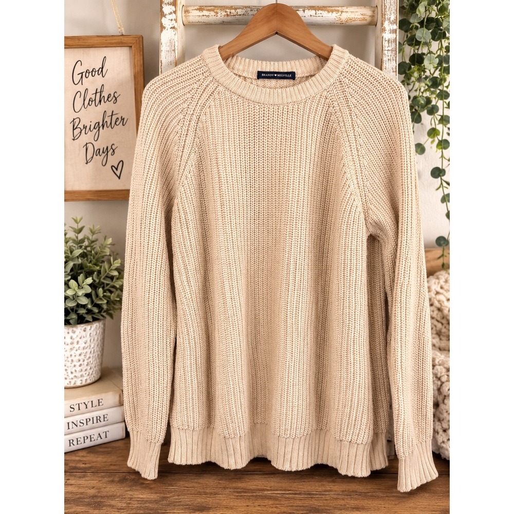 Brandy Melville Cream Cotton Knit Sweater Oversized Crew Neck Made in Italy